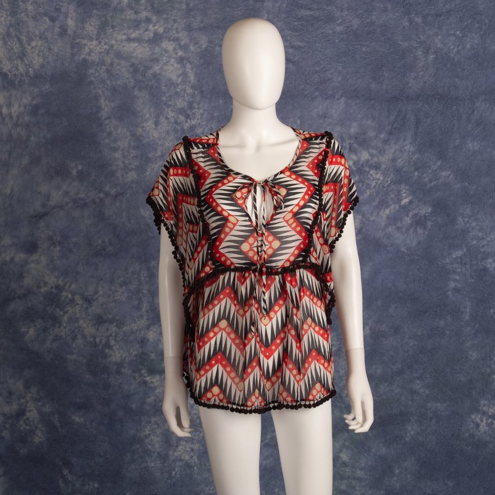 Milly Red White & Blue Sheer Blouse w/ Pom-poms Sz 6